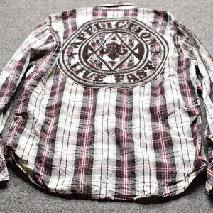 Affliction Live Fast Black Premium Mens Size L Plaid Button Up Shirt Embroidered